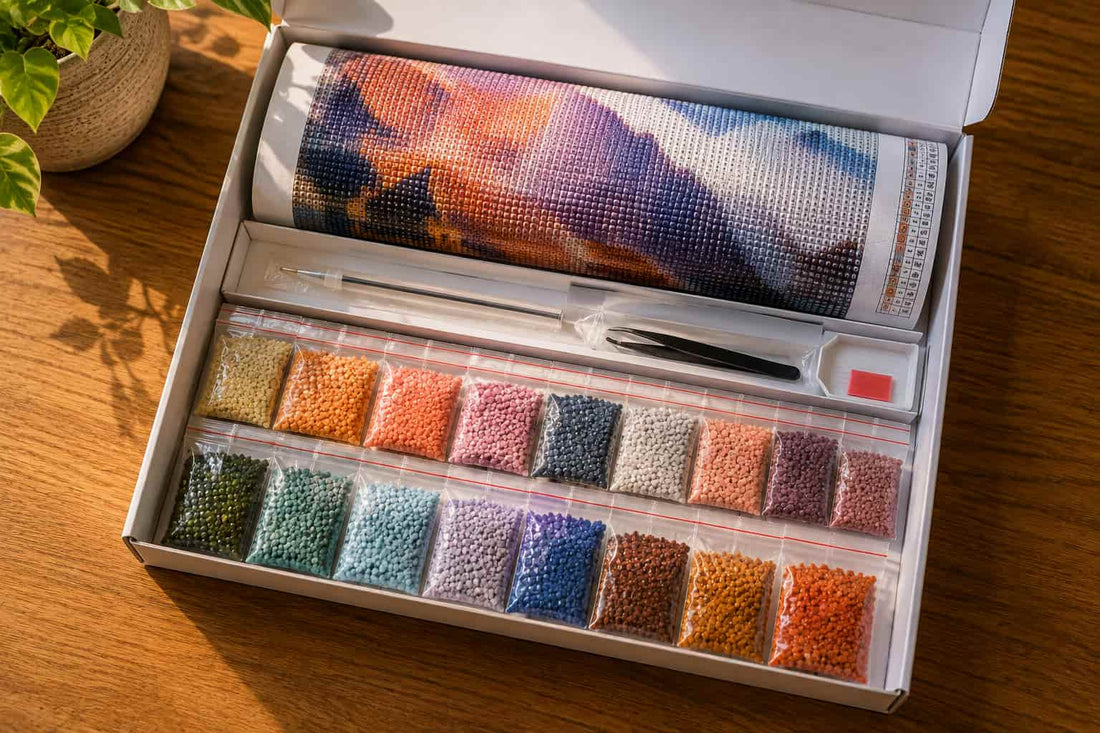 A diamond painting box showing a canvas, diamond drills, a plucker and a diamond placing pen.