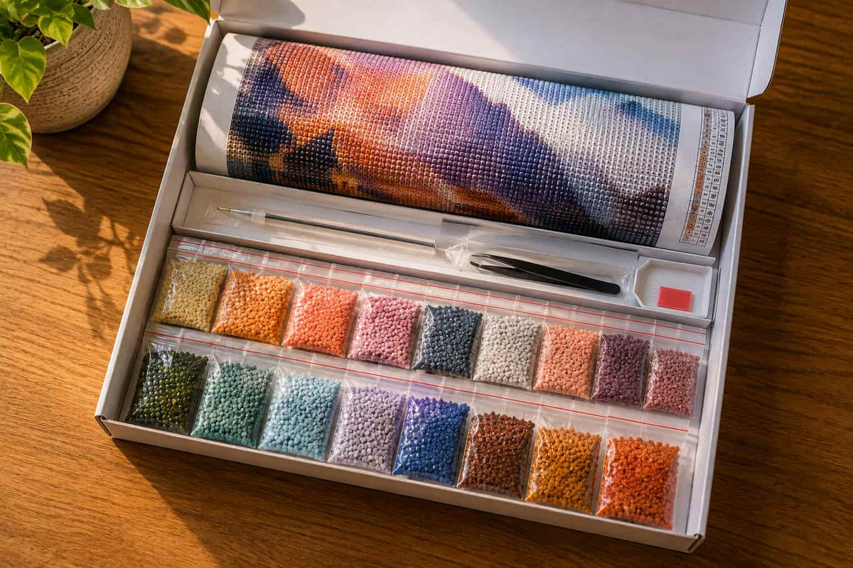 A diamond painting box showing a canvas, diamond drills, a plucker and a diamond placing pen.
