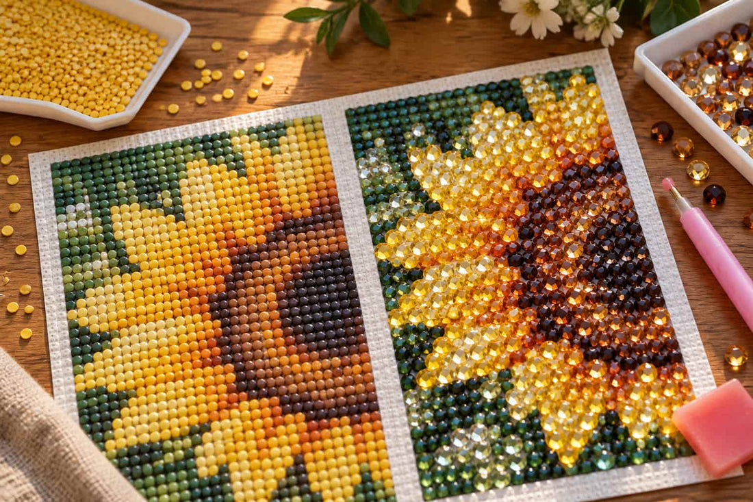 Two diamond painting sunflower panels on a wooden table, surrounded by craft supplies including loose beads, a pink needle tool, and a pink sponge. The left panel shows a completed sunflower design.