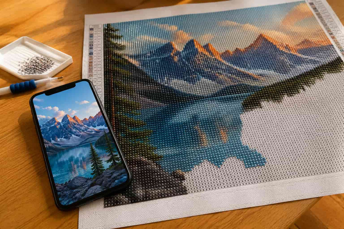 A completed diamond painting mountain landscape artwork laid out on a wooden table, with a smartphone showing the matching landscape design beside it. A small tray of metal pins and a pen are also visible.