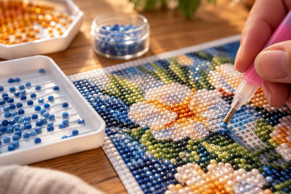Close-up of round resin diamonds being placed onto a diamond painting canvas with a pink applicator pen, surrounded by colorful drills and trays on a wooden desk in warm natural light.