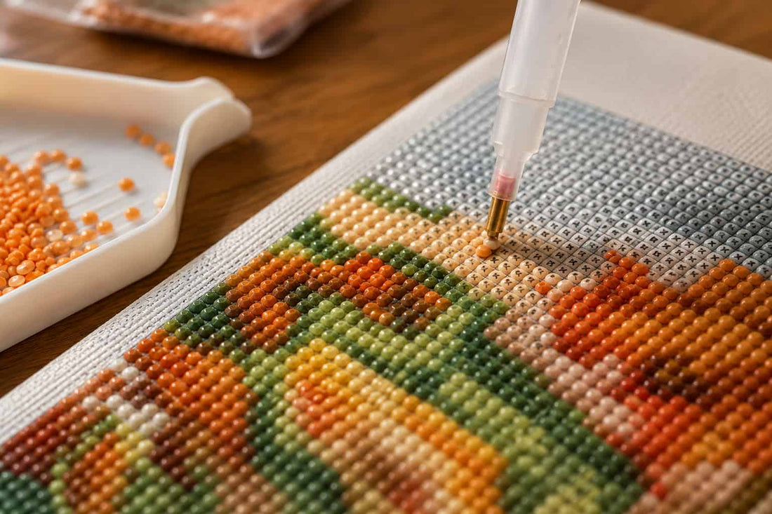 A close-up of a diamond painting canvas being filled with small orange, yellow, green, and brown beads, with a white pen-like tool resting on the canvas and a tray of loose beads nearby on a wooden surface.