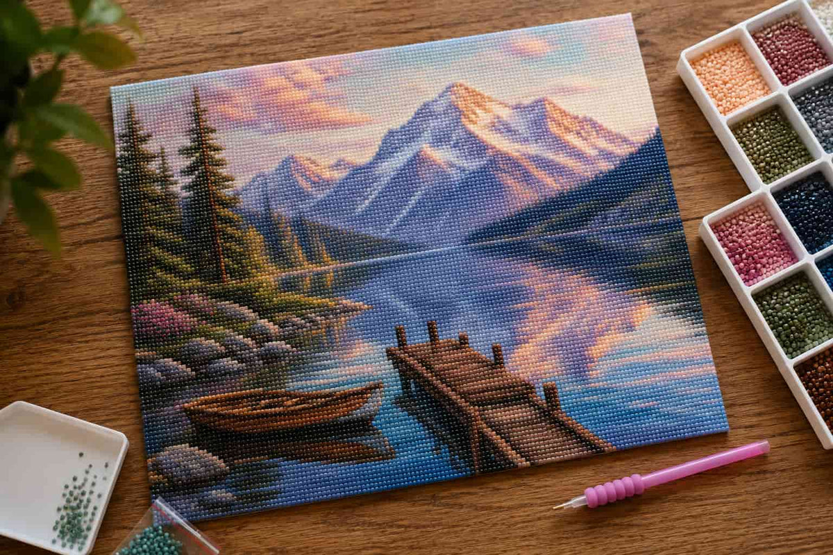 A completed diamond painting landscape artwork showing a mountain lake scene with a dock and canoe, displayed on a wooden surface with paint beads and tools nearby.