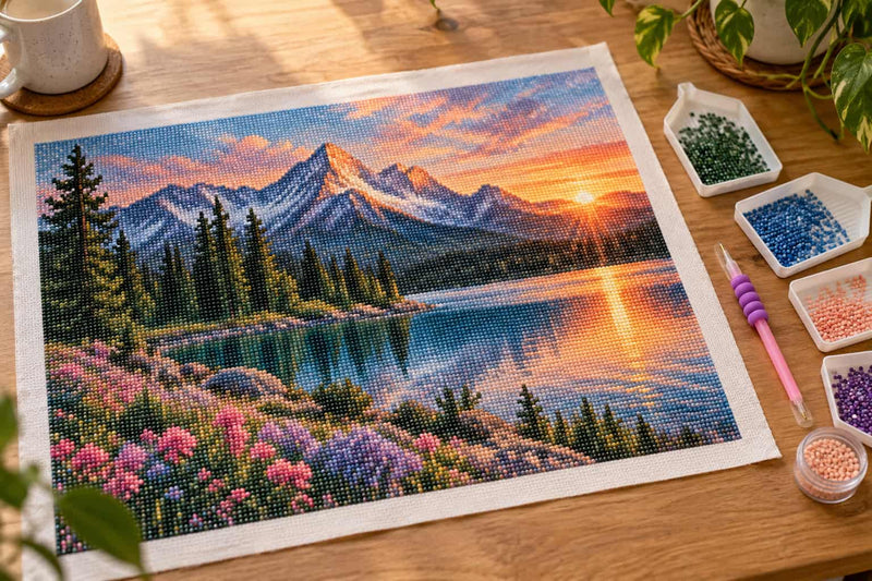 A completed diamond painting mountain lake landscape artwork laid on a wooden table, surrounded by paint beads, a quill pen, and small cups. The scene shows snow-capped mountains, a sunset sky, evergreen trees, and pink and purple flowers