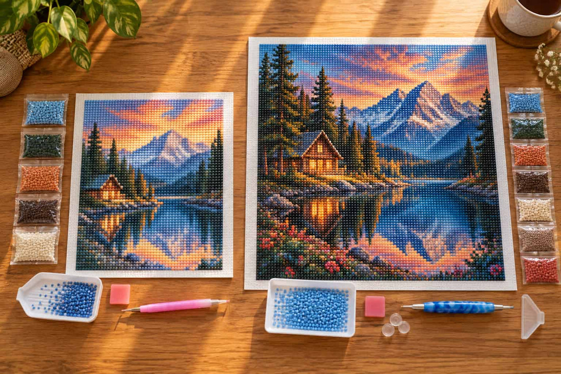 Flat-lay comparison of small and large diamond painting kits on a wooden table, showing finished mountain lake artwork, sorted diamond drills, trays, wax, and diamond painting pens in warm natural light.
