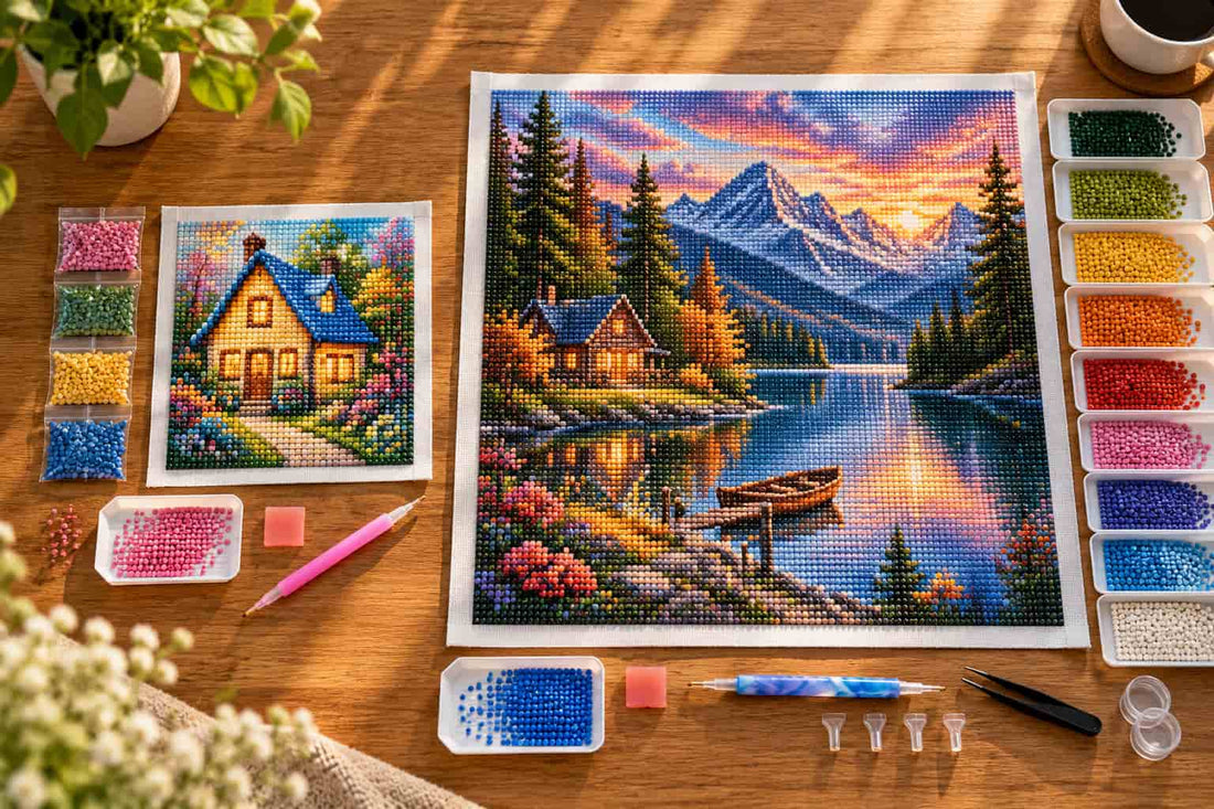A diamond painting kit arranged on a wooden table, featuring a completed mountain lake landscape canvas, a smaller house canvas, beads in multiple colors, a pen, sponges, tweezers, and small cups.