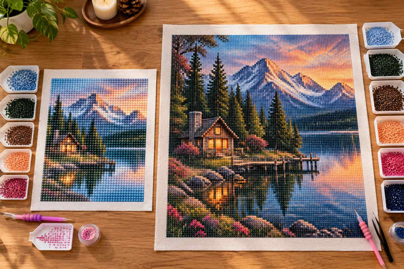 Two completed diamond painting canvases showing a mountain lake cabin scene, displayed on a wooden table with bead palettes, tools, and decorative items.