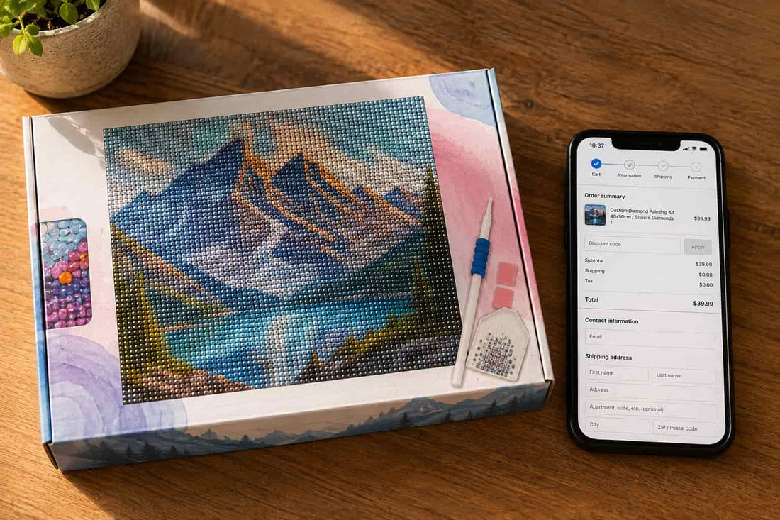 A diamond painting kit box displaying a mountain landscape design, shown on a wooden table next to a smartphone displaying the ordering summary screen.