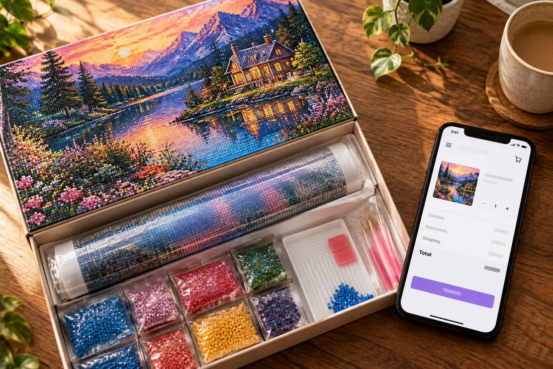 Diamond painting kit beside a smartphone showing an online checkout screen on a wooden desk.