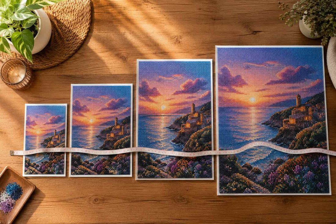 Four diamond painting canvases in different sizes arranged from smallest to largest on a wooden table, with a measuring tape across them and colorful finished designs.