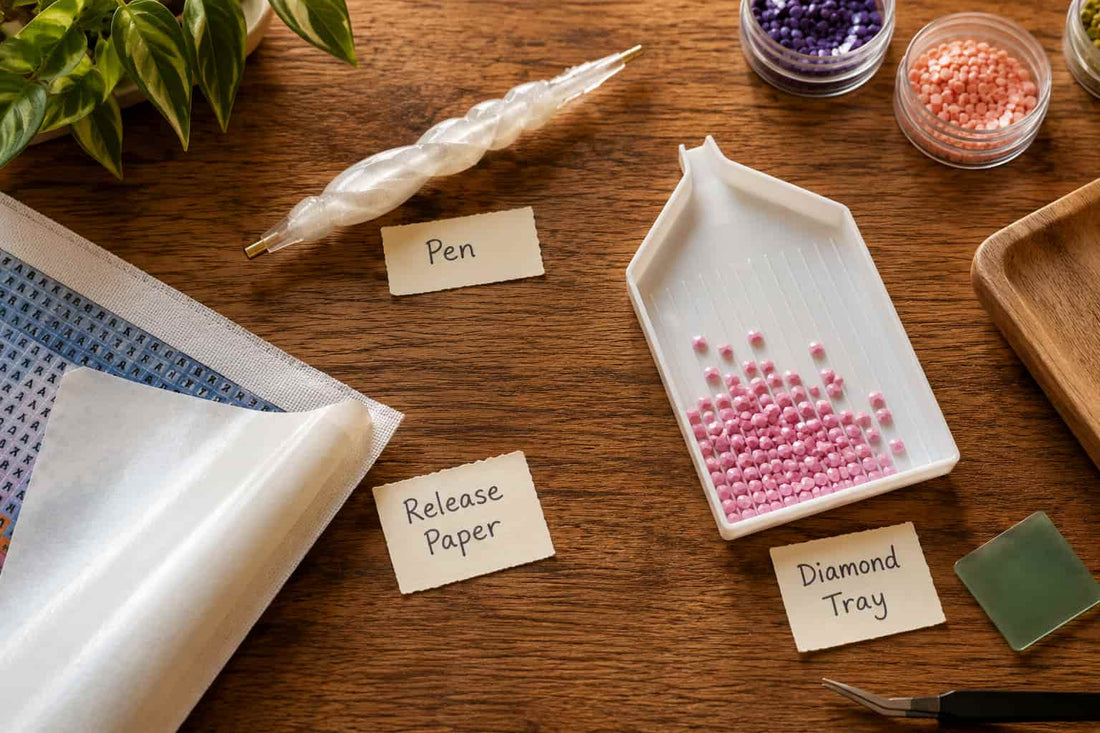 Diamond painting tools arranged on a wooden desk, including a diamond painting pen, release paper, diamond tray with colorful drills, wax, and tweezers.