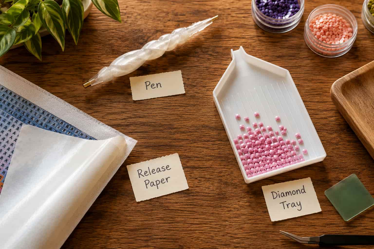 Diamond painting tools arranged on a wooden desk, including a diamond painting pen, release paper, diamond tray with colorful drills, wax, and tweezers.
