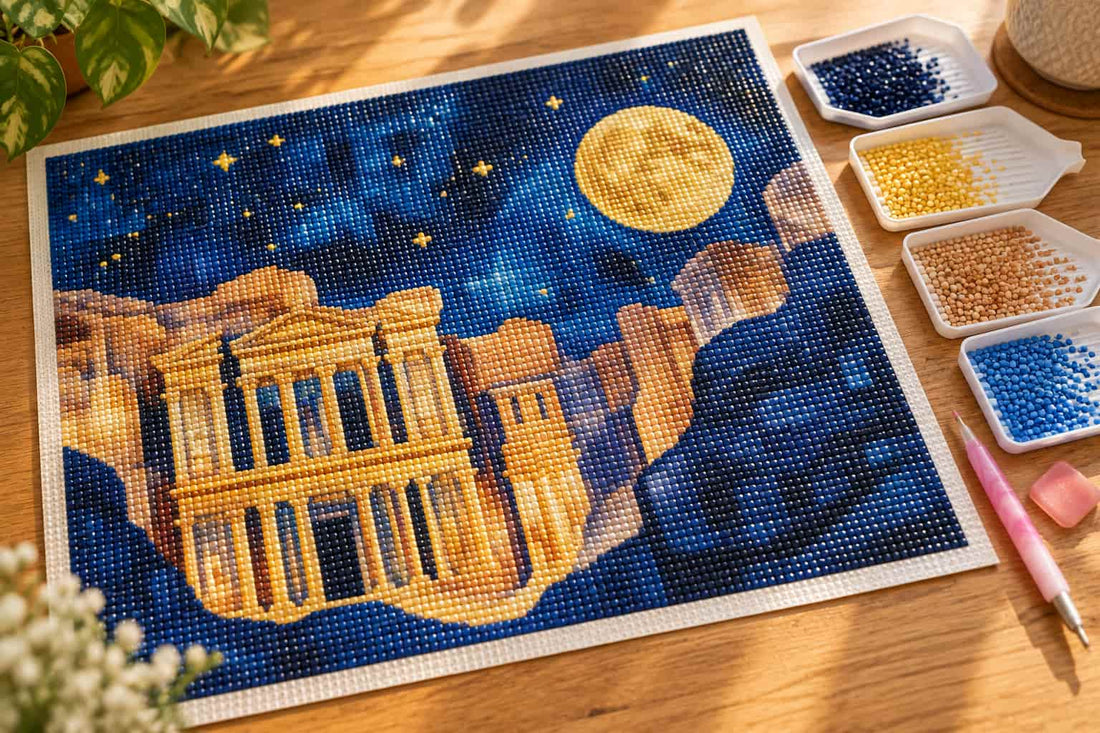 A diamond painting art kit laid out on a wooden table, showing a completed design of the Colosseum under a starry night sky with a large moon. Small trays of colorful beads, a pink-handled tool, and other crafting accessories are arranged around it.