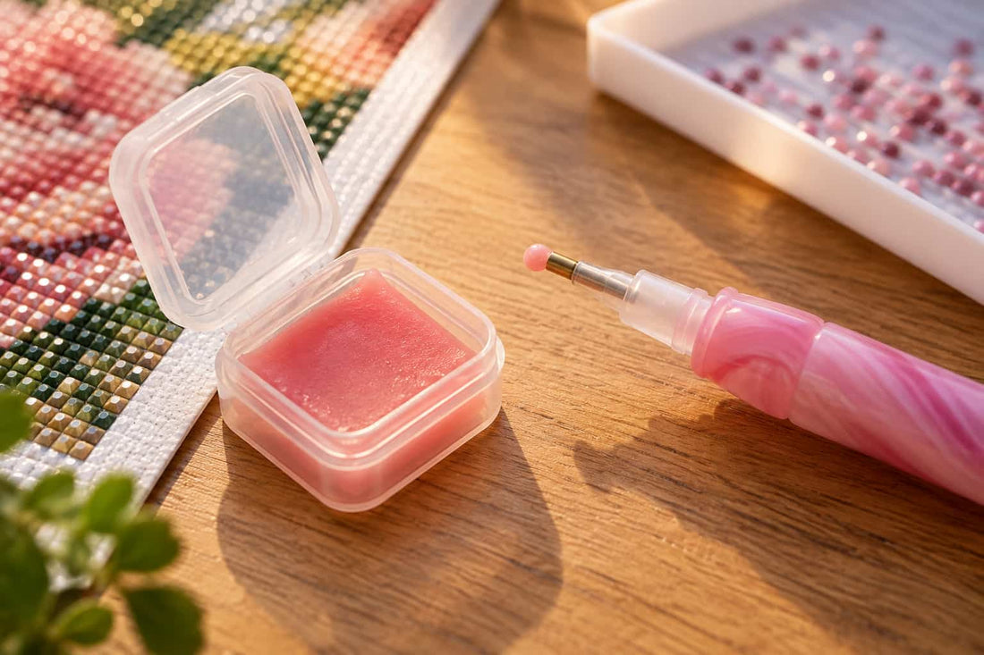A pink diamond painting wax or resin block in a small clear plastic case, shown next to a pink marbled diamond painting pen on a wooden table.