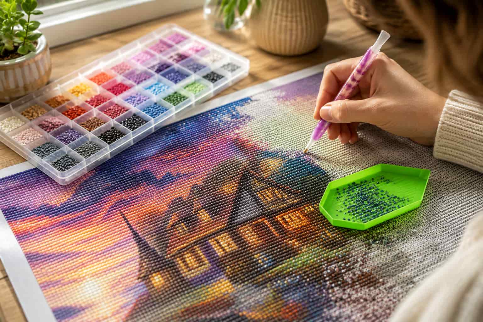 Diamond painting canvas in progress with a hand placing resin diamonds using a pen, sorted color trays, and natural window light.