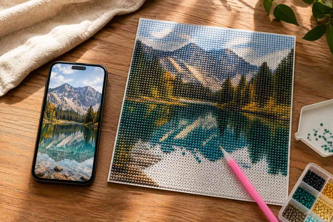 Smartphone displaying a scenic mountain photo beside a partially completed diamond painting canvas recreating the same image, with a diamond painting pen, color trays, and resin drills on a wooden desk.