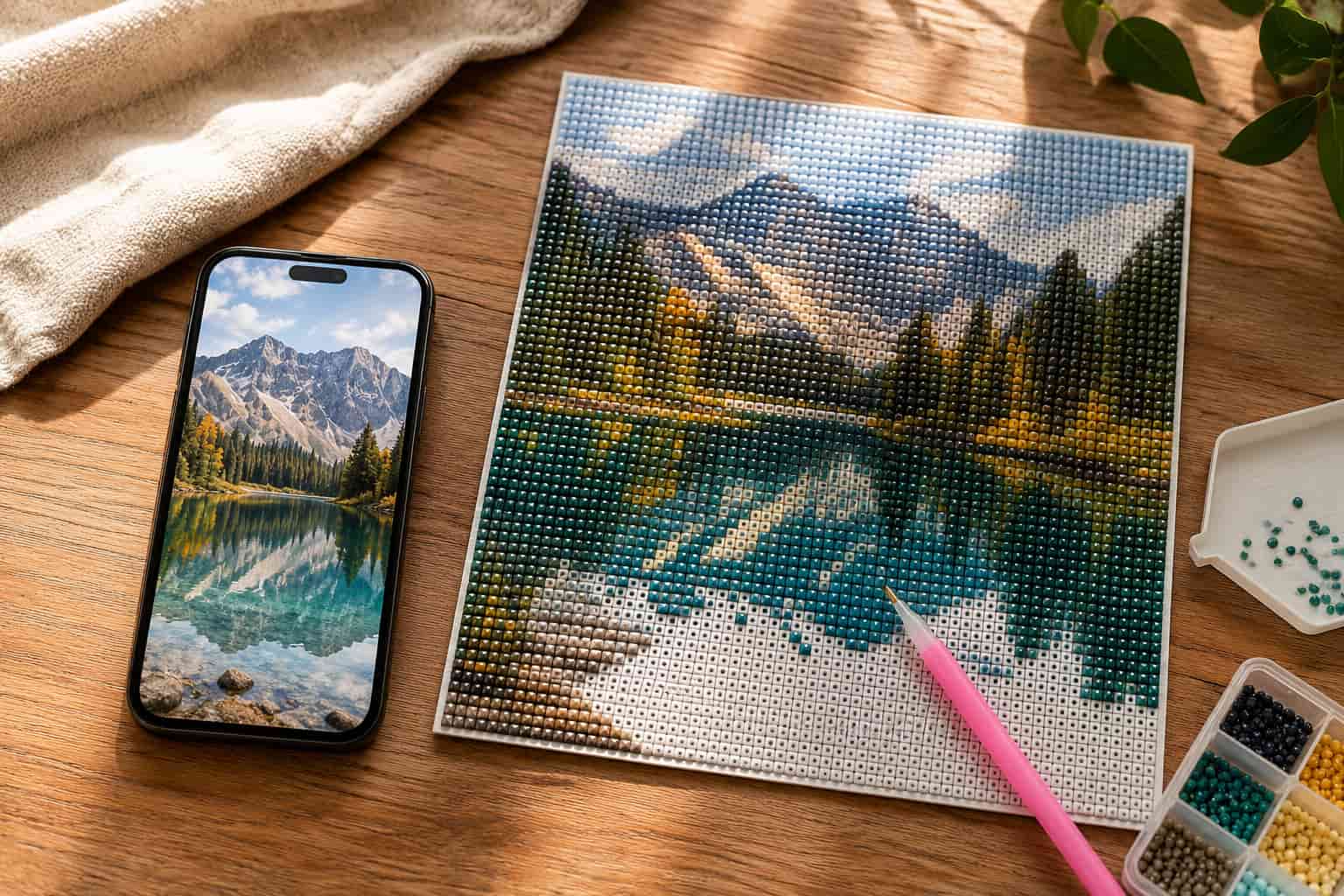 Smartphone displaying a scenic mountain photo beside a partially completed diamond painting canvas recreating the same image, with a diamond painting pen, color trays, and resin drills on a wooden desk.