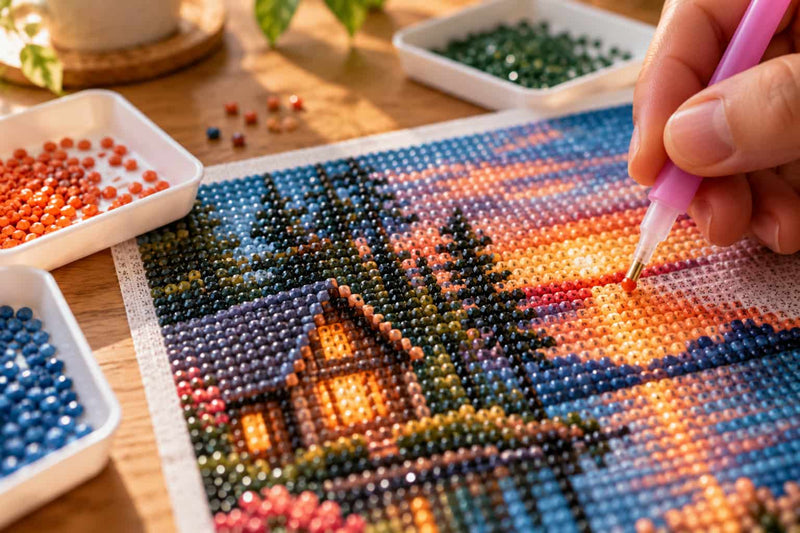 A close-up of a hand using a pink diamond painting pen to create a colorful sunset cabin scene on a canvas, surrounded by small trays of colored beads on a wooden table.