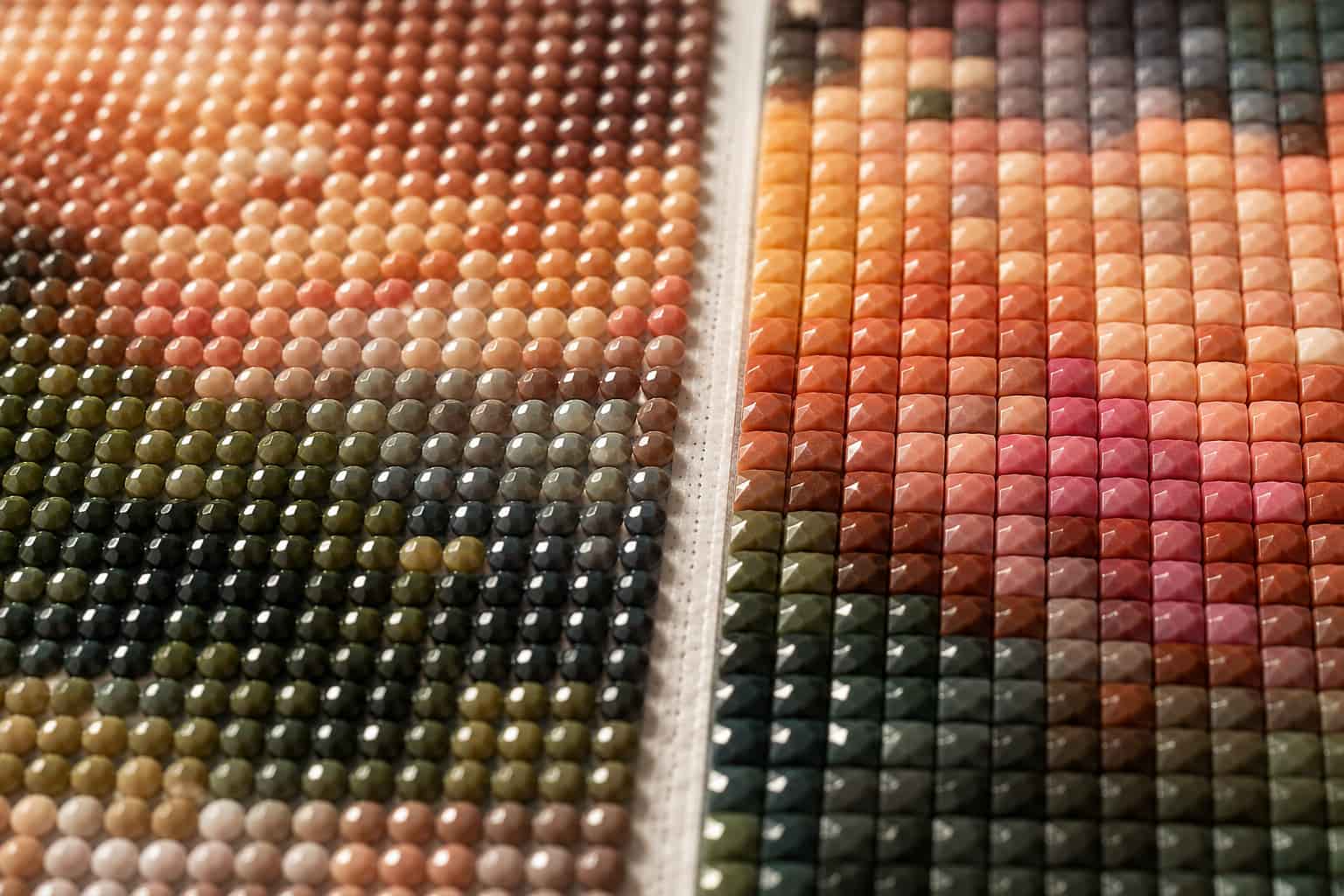 Close-up comparison of round and square diamond painting drills, showing the round diamonds with small gaps and square diamonds fitting closely together in a seamless grid.