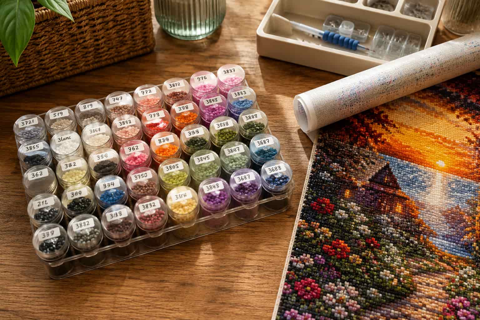 Small labeled storage jars filled with colorful diamond painting drills arranged by color beside a partially rolled diamond painting canvas on a warm wooden desk.