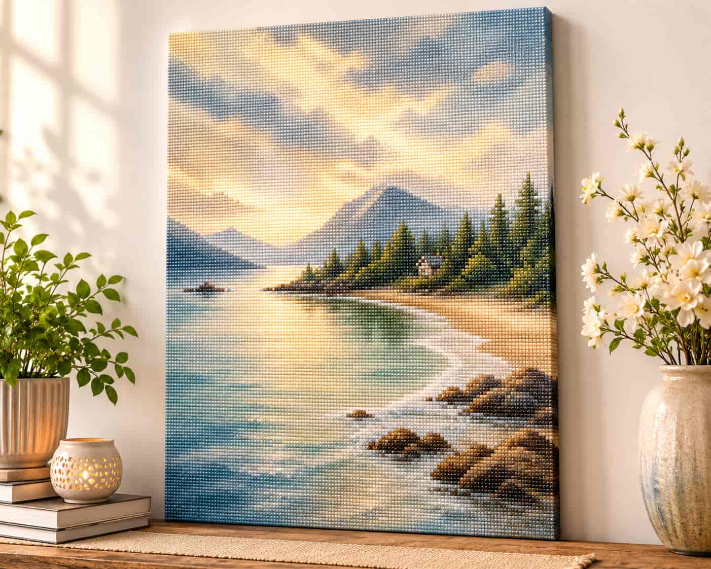 A vertical canvas print of a scenic landscape painting, featuring a mountain lake with a sandy beach, pine trees, and a small house, styled on a shelf with plants and flowers against a warm beige wall.