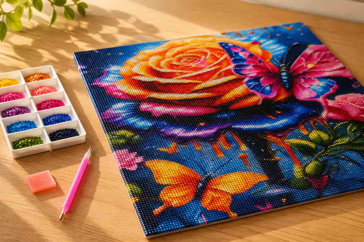 A colorful diamond painting canvas featuring a large orange-yellow rose and blue butterflies on a dark blue background, displayed on a wooden table next to a tray of colored gems, a pink stylus, and a small pink eraser.