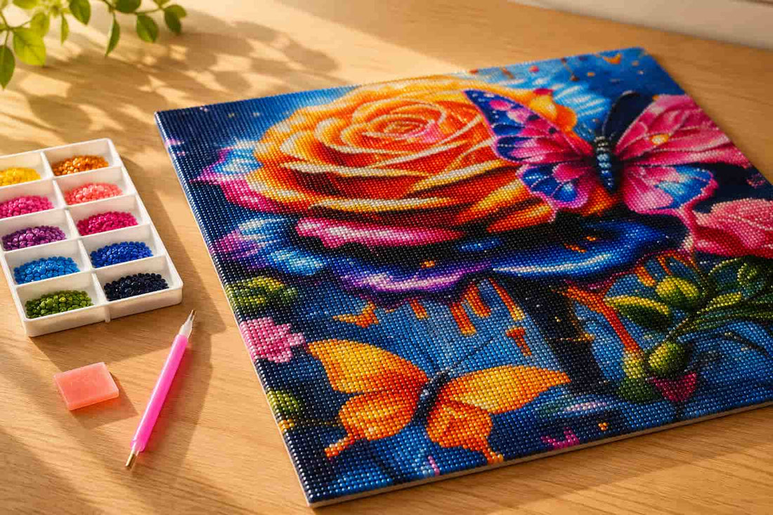 Diamond painting kit with a colorful rose and butterfly design, finished with sparkling diamond drills on a wooden table beside diamond painting tools and trays.