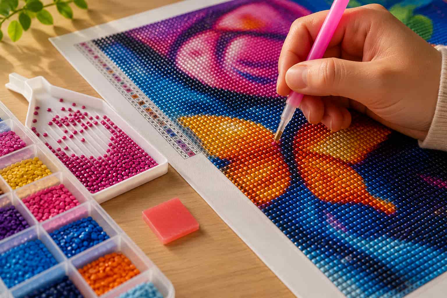 Diamond painting kit with colorful drills and hand placing diamonds on canvas