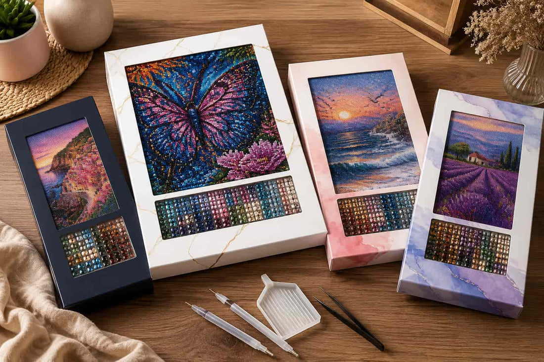 Four diamond painting kits with colorful canvases and swatches, displayed on a wooden table alongside tools like needles, tweezers, and a palette holder.