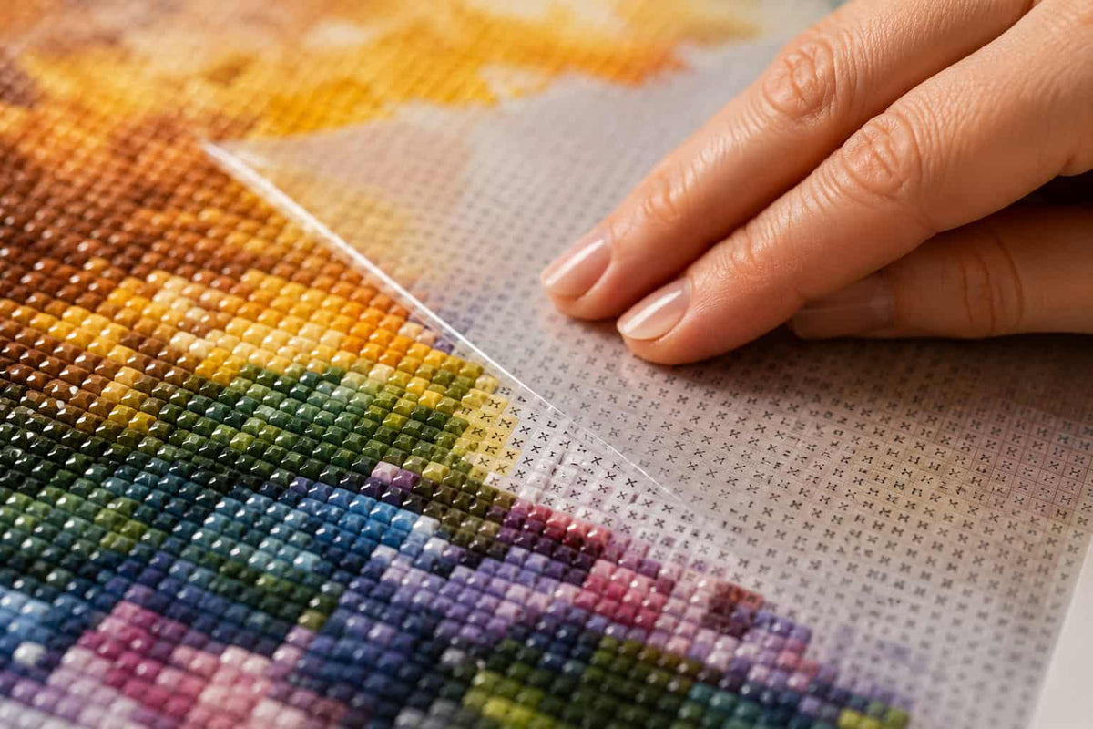A close-up of a hand pressing down on a clear plastic sheet over a colorful diamond painting canvas with multicolored beads.