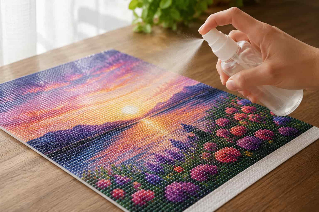 A hand holding a clear spray bottle and misting a colorful diamond painting or cross-stitch canvas depicting a sunset landscape over a field of pink and purple flowers, placed on a wooden table.
