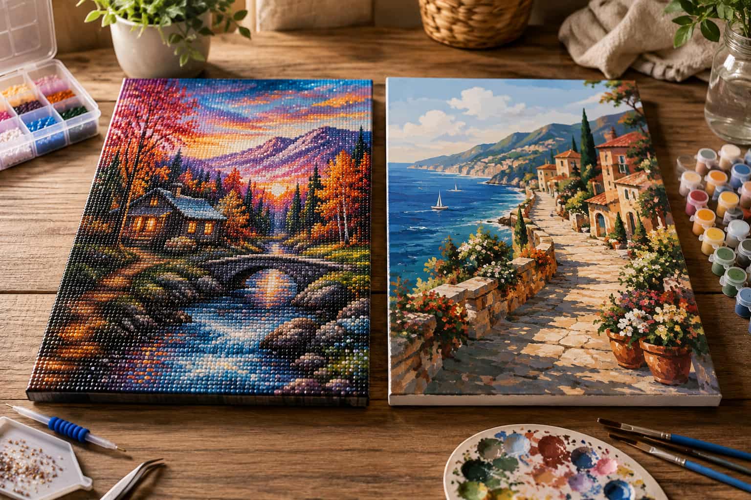 A diamond painting and a paint by numbers canvas displayed side-by-side on a wooden table, surrounded by art supplies including paint tubes, brushes, a palette, and small potted plants.