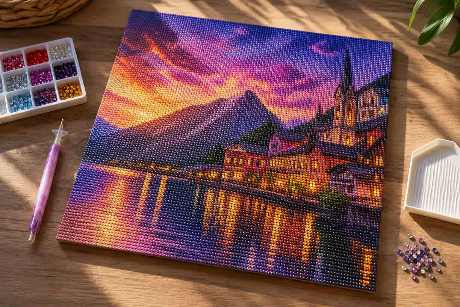 Finished diamond art canvas with colorful resin gems, diamond painting pen, and sorting trays on a wooden table.