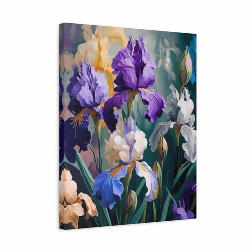 A vertical canvas wall art print featuring a stylized floral painting of purple, blue, white, and peach irises against a dark teal background, shown at a slight angle on a white studio background.