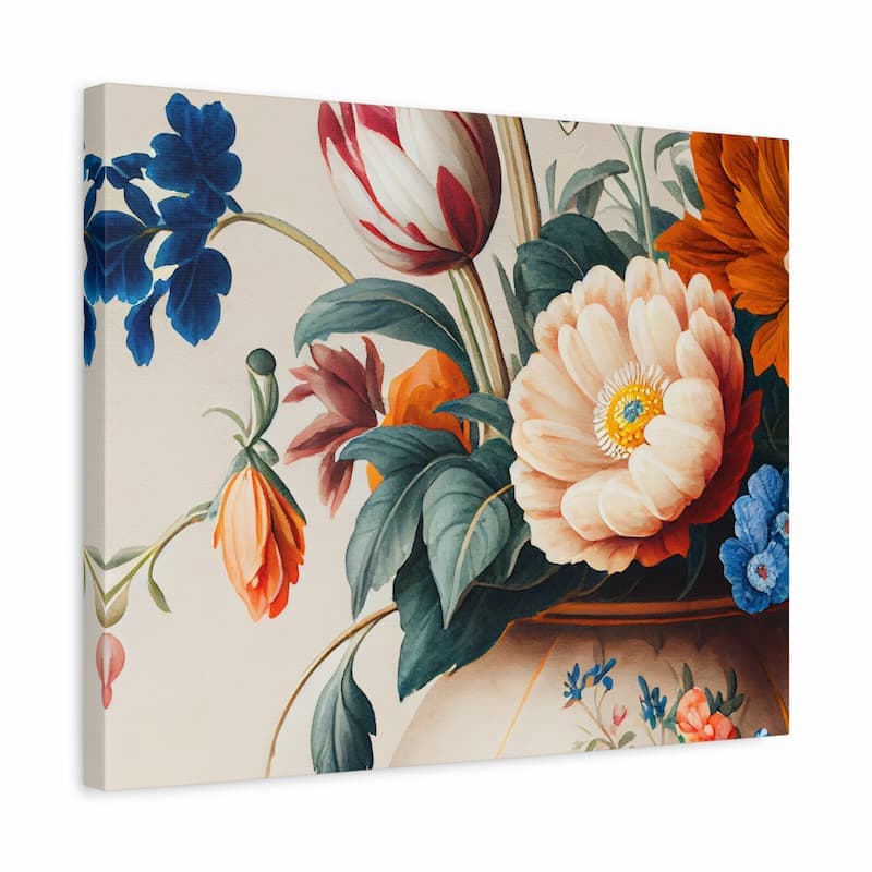 A square canvas wall art print featuring a vintage-style floral bouquet with a large pale peach flower, blue blossoms, orange flowers, and green leaves on a cream background.