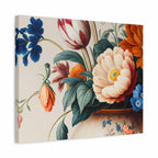 A square canvas wall art print featuring a vintage-style floral bouquet with a large pale peach flower, blue blossoms, orange flowers, and green leaves on a cream background.