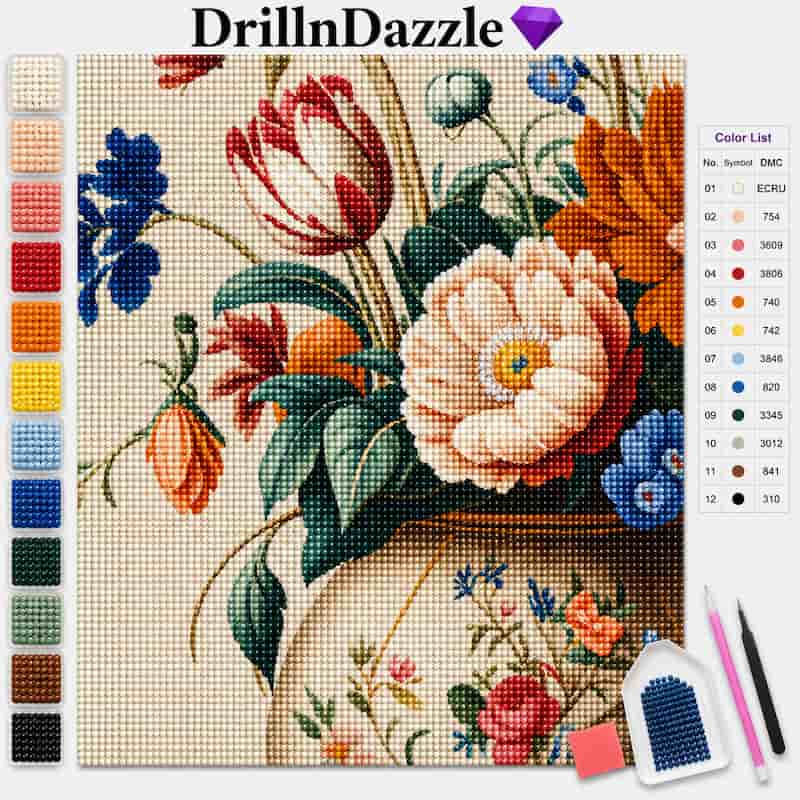 DrillnDazzle floral cross-stitch canvas pattern showing a bouquet of tulips and roses in a vase, with a color list chart and diamond painting tools on a white background.