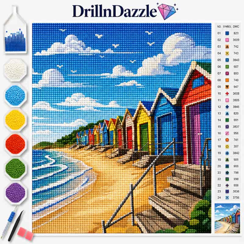 DrillnDazzle cross-stitch kit featuring a beach scene with colorful huts, blue sky, and ocean. The image includes a color chart, embroidery floss sample swatches, tools, and a finished preview image.
