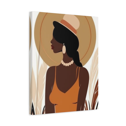 A square canvas wall art print featuring a stylized illustration of a woman in profile wearing a wide-brimmed hat, pearl necklace, and orange top, set against a beige circular backdrop with decorative dried grass elements.