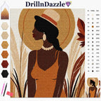 A diamond painting preview featuring a stylized woman in profile wearing a hat and necklace, with a color chart and embroidery symbols on the right and swatches on the left. The brand name DrillnDazzle appears at the top.
