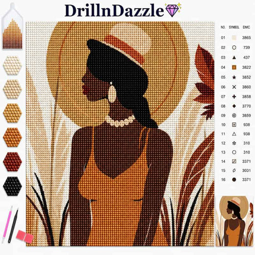A diamond painting preview featuring a stylized woman in profile wearing a hat and necklace, with a color chart and embroidery symbols on the right and swatches on the left. The brand name DrillnDazzle appears at the top.