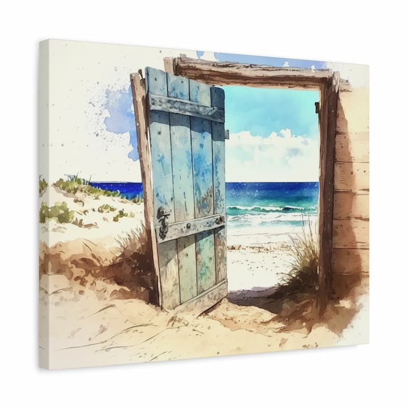 Watercolor-style beach scene wall art showing a weathered blue door opening onto sand, ocean, and sky, presented as a canvas print against a white background.