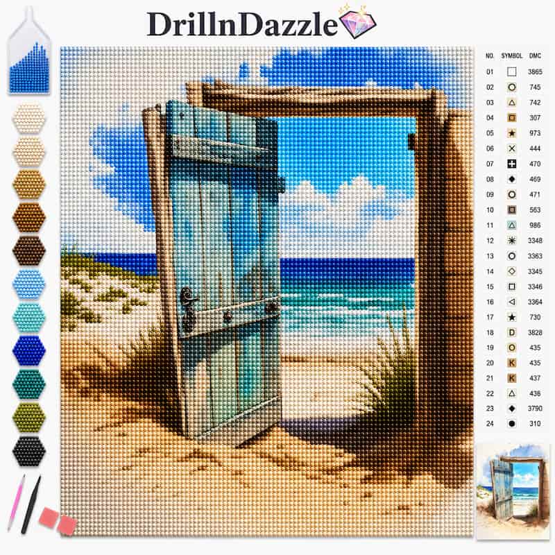 A completed cross-stitch or needlework artwork showing an open weathered blue door framing a beach and ocean scene, with the DrillnDazzle brand name at the top and a color reference chart on the right side.