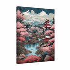 A vertical canvas wall art print featuring a stylized Japanese-inspired landscape with pink cherry blossoms, a red pagoda, mountains, and a waterfall, shown at a slight angle against a white background.