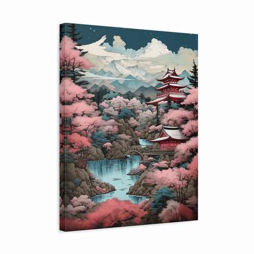 A vertical canvas wall art print featuring a stylized Japanese-inspired landscape with pink cherry blossoms, a red pagoda, mountains, and a waterfall, shown at a slight angle against a white background.