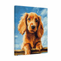 A square canvas wall art print featuring a stylized painted portrait of a golden-brown dog with floppy ears looking upward against a bright blue sky background.
