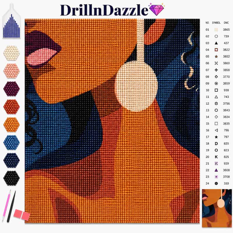 A diamond painting style art kit preview showing a stylized portrait of a woman's face and shoulders in orange, blue, pink, and cream tones. The image includes a color palette strip on the left, a numbered symbols legend on the right, and the brand name DrillnDazzle at the top.