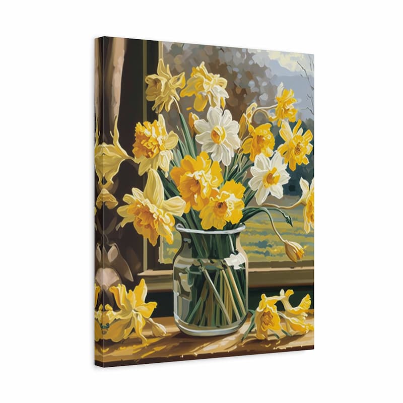 A square canvas wall art print depicting a bouquet of yellow and white daffodils in a clear glass vase on a windowsill, shown at an angle against a plain white background.