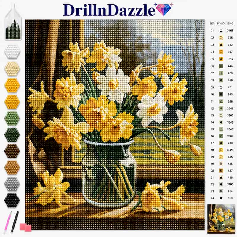 DrillnDazzle diamond painting featuring a bouquet of yellow and white daffodils in a glass jar, with a color swatch guide on the left and a symbol reference chart on the right.