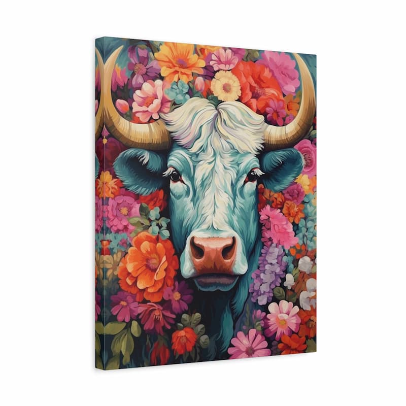 A square canvas wall art print featuring a stylized blue cow surrounded by a dense, colorful floral background, shown at a slight angle against a plain white backdrop.